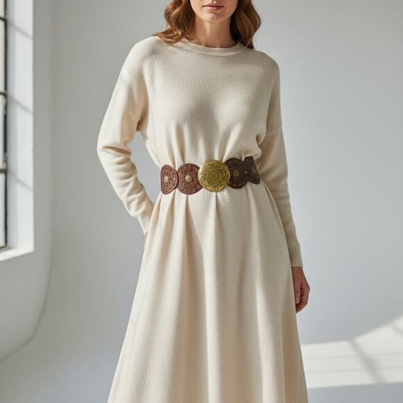 Women's NIB Boho Brass Riveted Belt & Buckle XL Statement Western Avantgarde - Picture 1 of 6